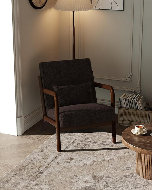 Garvee Mid-Century Modern Accent Chair Sherpa Upholstery Solid Wood Armchair with Removable Lumbar Pillow Sturdy Reading Chair for Living Room Bedroom Guest Room Easy Assembly Brown