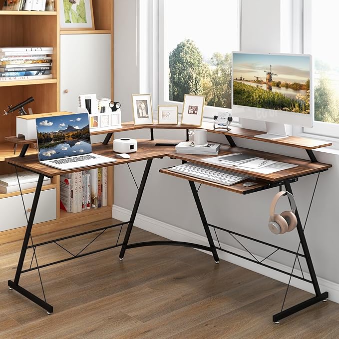 Giantex L Shaped Computer Desk with Power Outlet 51 Corner Computer Desk with Monitor Stand and Reversible Keyboard Tray Modern Gaming Desk with Hook Home Office Desk Workstation (Rustic Brown)