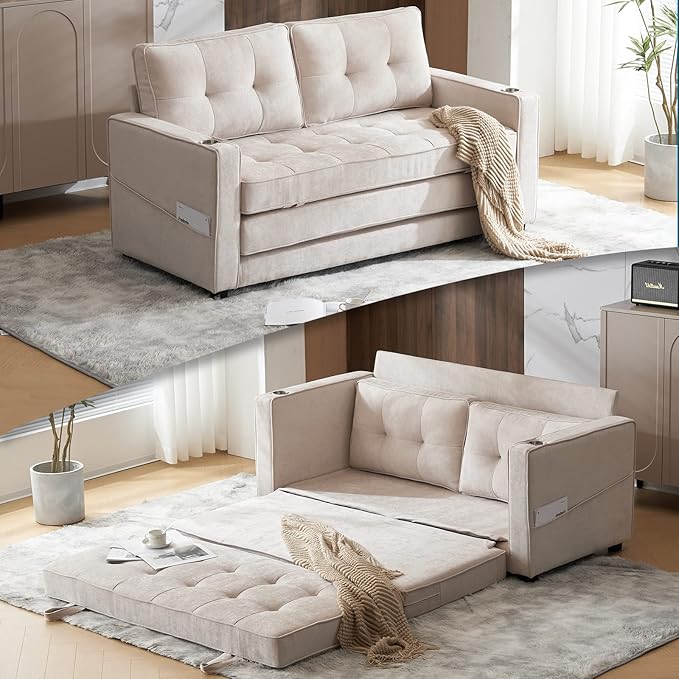 VINGLI Upgraded 64 W 84 L Full Size Futon Sofa Bed 6 Thick Upholstery Chenille Loveseat Sofa Sleeper Pull Out CouchConvertible Floor Couch for Living Room Bedroom Entertainment Room Beige