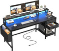 55 Computer Desk with Drawers &amp Storage Bag Gaming Desk with Power Outlets and LED Lights Office Desk with Monitor Stand for Bedroom Gaming Room Study Work Home Office Black