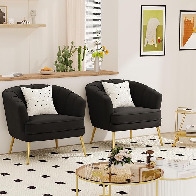Velvet Accent Chair for Living Room Bedroom Office - Upholstered Single Sofa Arm Chair With Metal Legs - Comfy Reading Leisure Club Coffee Chair - Black