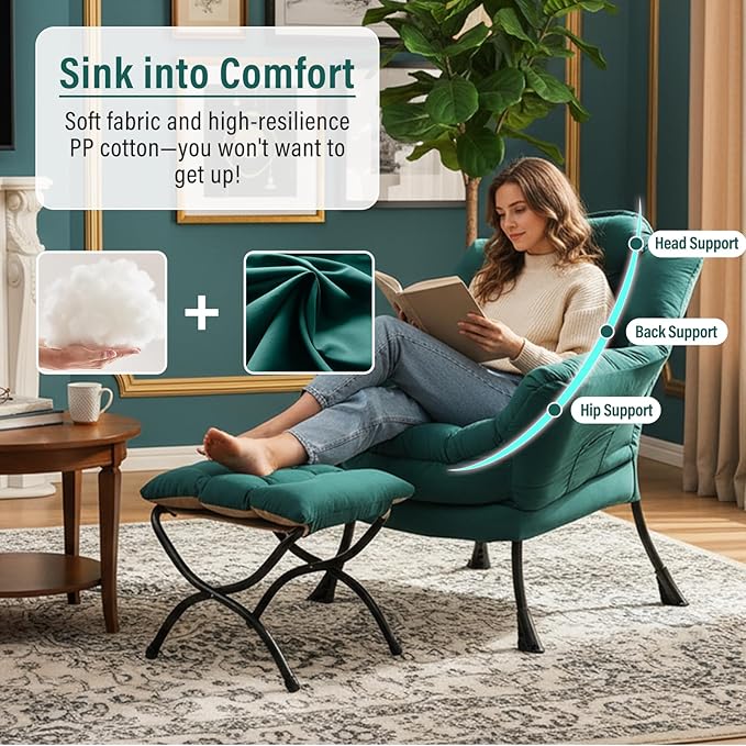 Lazy Chair with Ottoman Modern Accent Chair with Armrests and a Side Pocket Dark Green Accent Chairs Reading Chairs Oversized Armchairs for Bedroom Study Living Room Courtyard