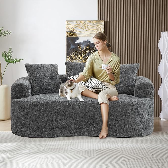64 Small Loveseat Sofa Mordern Curved Chenille Couch with 3 PillowsNo Assembly Needed Comfy Cloud Loveseat Couch for Small SpacesLiving Room Apartment Full Compression Sponge (Grey 64 Inch)