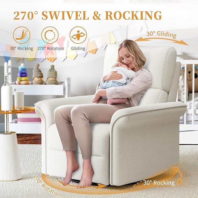 Power Swivel Rocker Recliner Chair for Nursery Upholstered Snowflake Velvet 270°Swivel Glider Rocker Chair with USB Ports Small Power Recliners for Small Spaces Living Room
