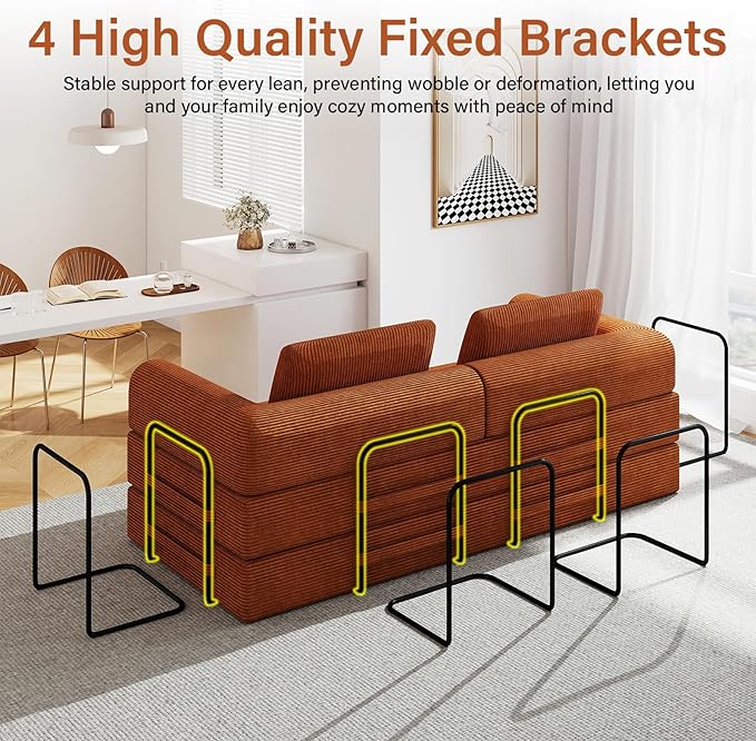 78'' Sleeper Couch Bed for Living Room Convertible Modular Sofa with Fixed Frame &amp Side Pocket Corduroy Futon Boneless Couches in a Box No Assembly Orange
