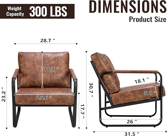 PrimeZone Mid-Century Modern Accent Chair Set of 2 - Comfy Faux Leather Living Room Chair Lounge Armchair with Extra Soft Padded &amp Cushion Ergonomic Accent Chair for Bedroom Office Brown