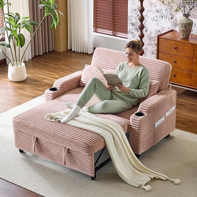 VINGLI Pink Futon Sofa Bed Convertible Loveseat Sleeper Sofa Couch Corduroy Pullout Sofa Fold Out Couch Bed with USB Ports Cup Holders Armrest for Living Room Bedroom Apartment Room | Loveseat Sle