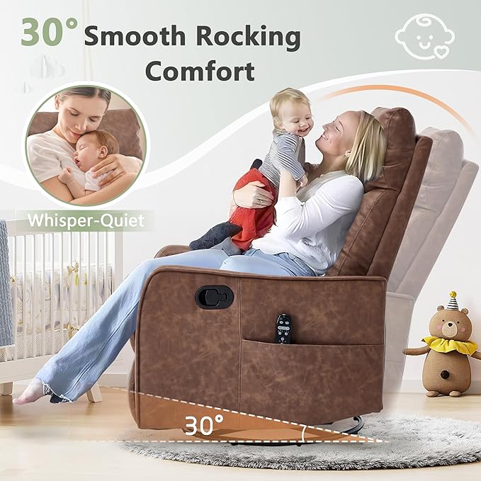cinkehome Swivel Rocker Recliner Glider Rocker Recliner Chair for Nursery Manual Reclining Chair with Heated Massage Small Spaces Living Room Faux Leather Light Brown
