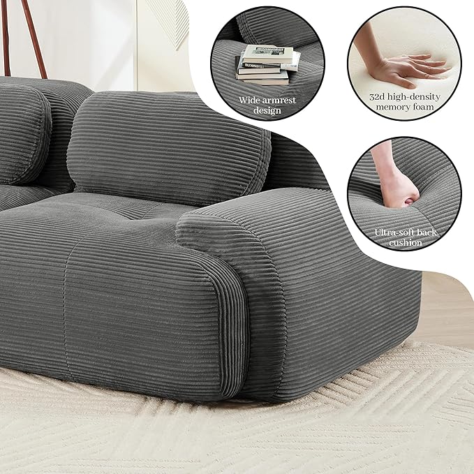 Boneless Sectional Couch No Assembly Required 117.3” Modular Cloud Sofa with Pillow and Ottoman Deep Seat Corduroy Couch for Living Room Bedroom Office Apartment