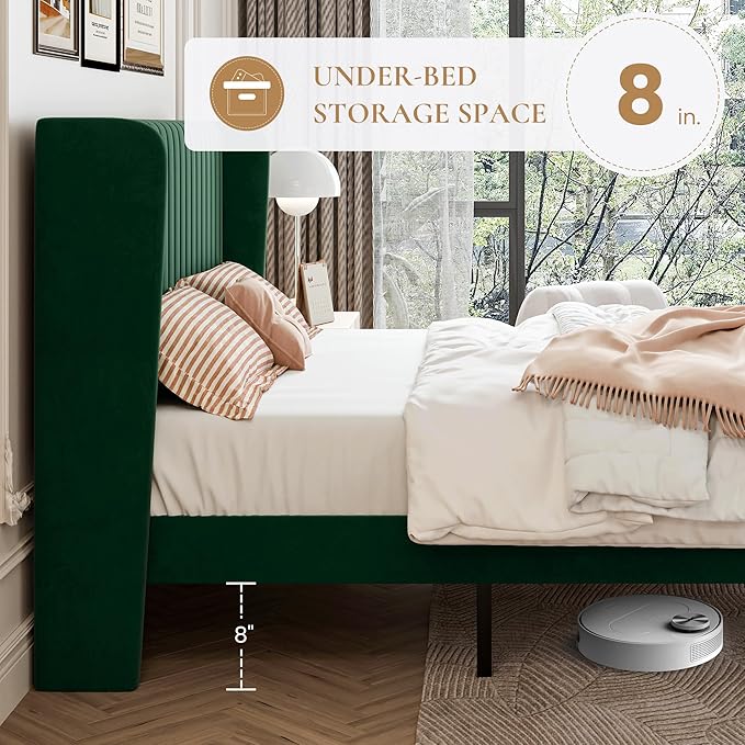 SHA CERLIN King Size Velvet Bed Frame with Vertical Channel Tufted Wingback Headboard Upholstered Platform Bed with Wood Slats No Box Spring Needed Easy Assembly Green