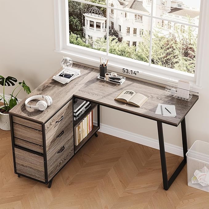 LITTLE TREE L-Shaped Desk with 3-Tier Drawer Cabinet 53 Reversible Corner Desk with Wooden Storage Shelves Farmhouse Computer Desk for Home Office Modern Writing Workstation for Bedroom Grey