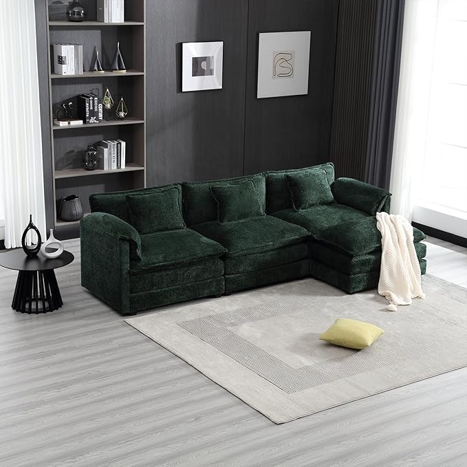 kevinplus 112'' Sectional Sofa Couch with Convertible Ottoman for Living Room Modern Contemporary 3-Seat L-Shape Sofa Couch for Apartment Home Office Thick Cushion &amp Boucle Fabric Green