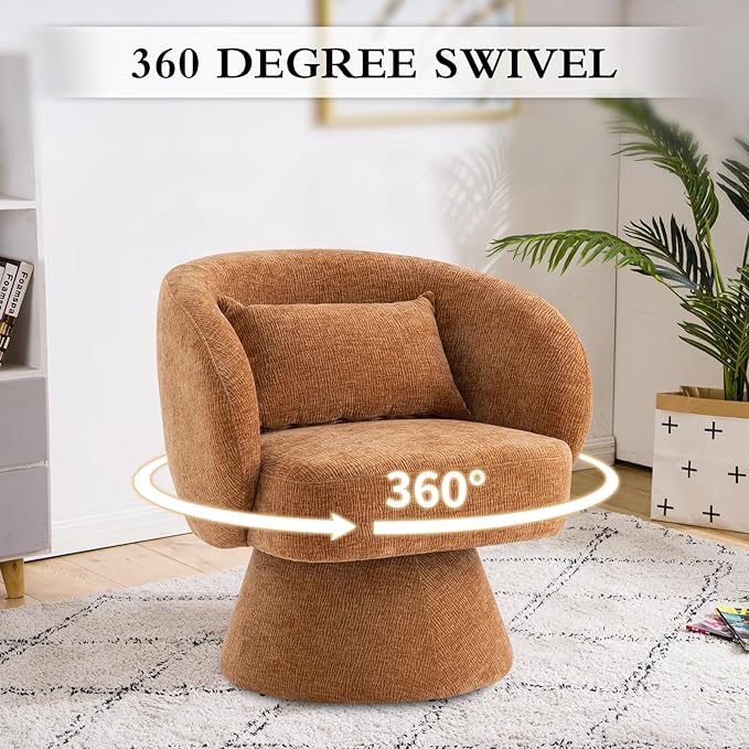 Swivel Accent Chair Sherpa Bucket Chair Velvet Upholstered Armchair 360° Swivel Bucket Shaped Armchair with Pillow and Round Back for Living Room Bedroom Nursery (Orange)