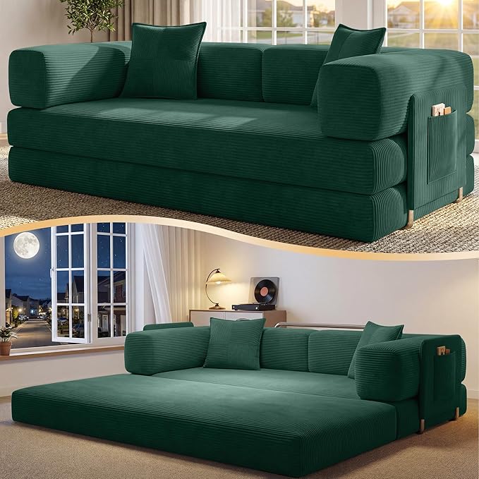 78.8 Convertible Sofa BedCorduroy Futon Couch with Storage PocketFolding Pull Out Futon SofaNo Assembly Boneless Couch for Living Room Emerald Green | Convertible Sofa Bed Boneless Couch sofa f