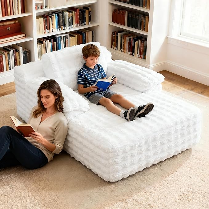 Oversized Lounge Chair Plush Faux Fur Comfy Reading Chair Boneless Chaise Sofa Recliner Bed Sleeper Couch with Wide Pillow Armrest for Living Room Bedroom (White)