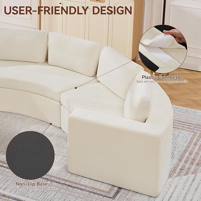119'' Curved Round Boneless Sofa Oversized Modular Sectional Sofa with Deep Seat &amp Arms Chenille Memory Foam Sofa with Pillows Upholstered Comfy 4 Seat Couch for Living Room White