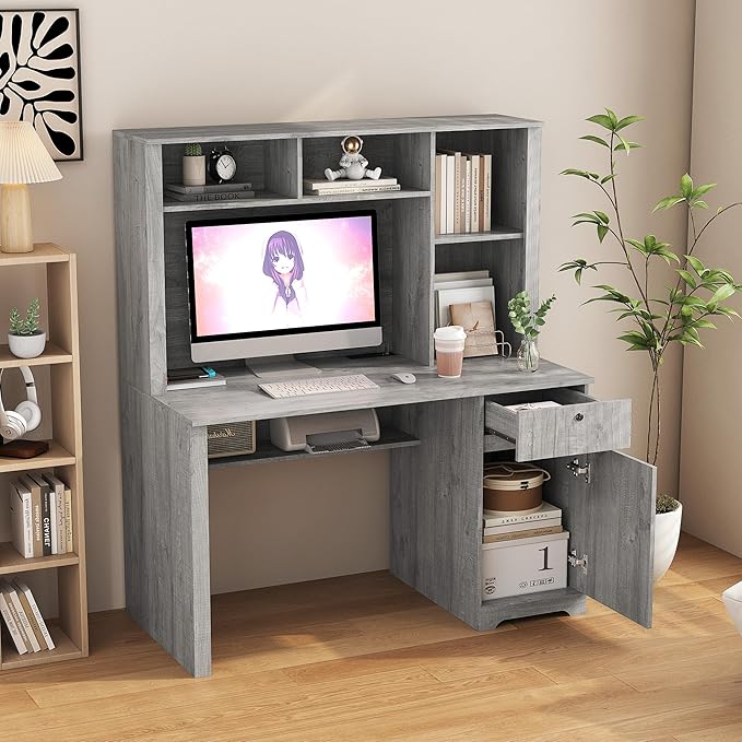 Computer Desk with Hutch BookshelfWood Executive Desk Teens Student Desk Writing Laptop Home Office Desk with Drawers3 AC Outlets and 2 USB Charging PortsStudy Laptop Table for Home