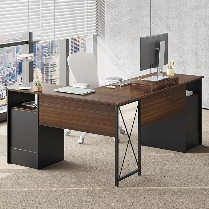 Bestier L Shaped Desk with File Drawers 63 x 47 Office Computer Desk with Storage Cabinet Corner Desk with Monitor Stand &amp Modesty Panel for Home Office Cherry