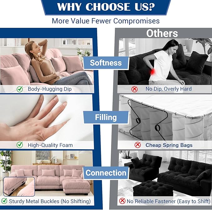Oversized Cloud Couch Fluffy Sectional Couch for Living Room L Shaped Sofa with Movable Ottoman Chenille Pink