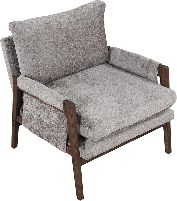 Modern Velvet Accent ChairMid-Century Leisure Chair with Solid Wood and Thick Seat Cushion Living Room Chair for Bedroom Studio Balcony or Club (Grey/Velvet)