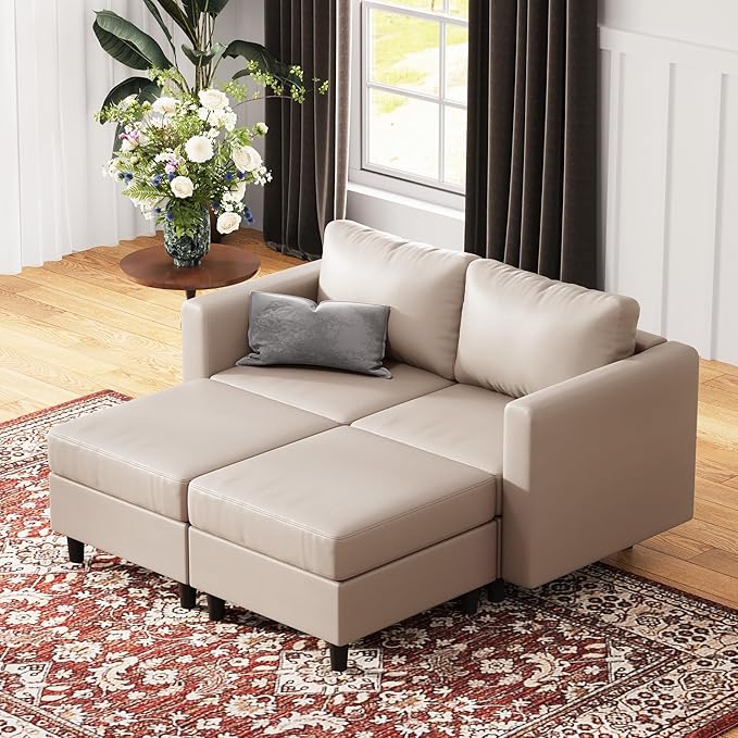ABCASA 64.6 Faux Leather Loveseat Sleeper Sofa Bed with Storage Seat Modern Modular Sectional Couch Deep Seat with Reversible Chaise 2-Seat Whitesand for Apartment Living Room Bedroom