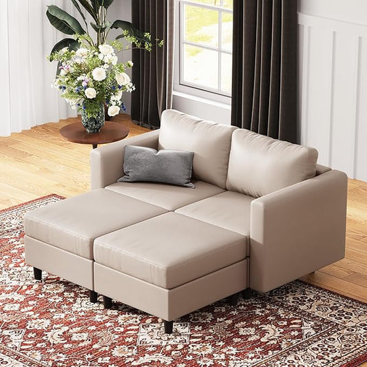 ABCASA 64.6 Faux Leather Loveseat Sleeper Sofa Bed with Storage Seat Modern Modular Sectional Couch Deep Seat with Reversible Chaise 2-Seat Whitesand for Apartment Living Room Bedroom