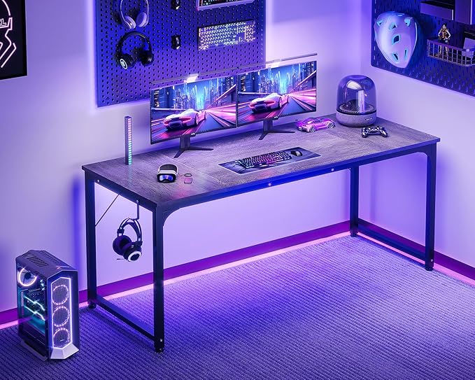 Casaottima 63 Inches Small Computer Desk Work Study Table for Home Office Kids Student Writing Desk with Headphone Hooks Grey