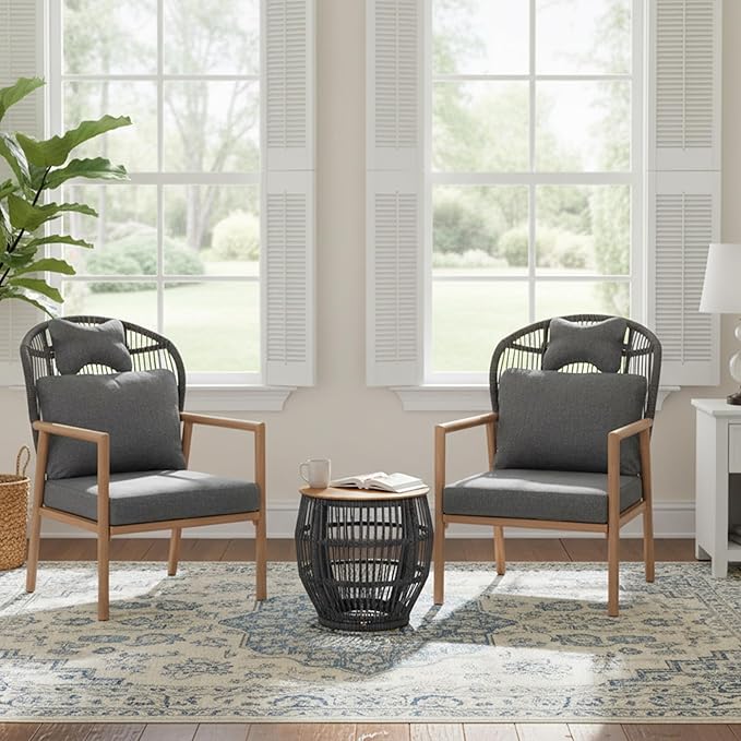 DAYRAUS Living Room Chairs Accent Chairs Set of 2 with Coffee Table Rattan Braid Arm Chair Comfy Reading Lounge Chair 3 Pieces Living Room Furniture Sets Bedroom Armchair for Outdoor Dark Gray