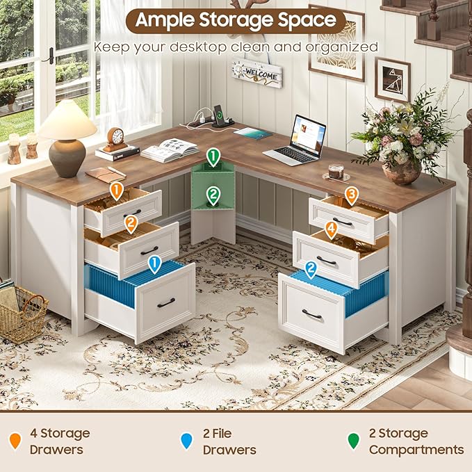 Vabches Wood L Shaped Executive Desk with 6 Drawers Farmhouse Home Office Desk with Power Outlets and Triangle Under-Desk Storage Shelf &amp Drawer File Cabinet Corner Computer Desk Brown