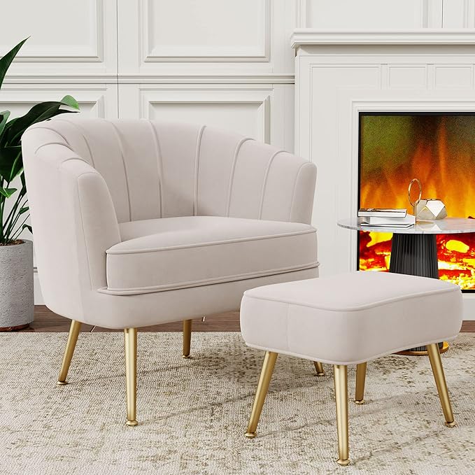 Andeworld Velvet Accent Chair with Ottoman Upholstered Modern Single Sofa Side ChairComfy Barrel Club Living Room Armchair with Golden Metal Legs for Bedroom Living Reading Room Office Beige