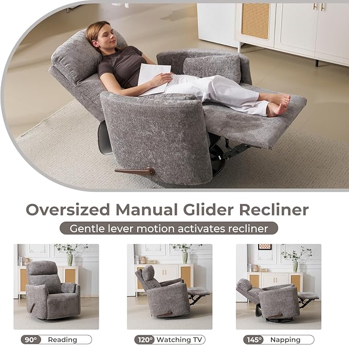 Oversized Swivel Rocker Recliner Chair with Massage and Heat Manual Swivel Glider Rocker Recliner with 2 Bolster Pillows Rocking Nursery Chair with Storage Ottoman  Adjustable Headrest Dark Grey