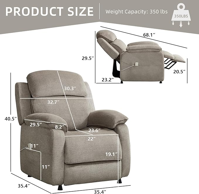 Power Recliner Chair for Adults Reclining Sofa Chair Adjustable Home Theater Seating with Side Pocket Single Recliners for Small Space Living Room (2 Khaki)