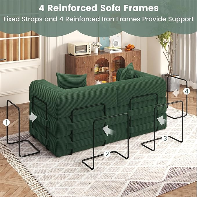 80 Convertible Sofa Bed 5 in 1 Modular Boneless Couch Sleeper Sofa Bed with Fixed Frame &amp Removable Backrest Pillow Washable Corduroy Futon Sofa Bed Couch in a Box for Small Spaces Dark Green