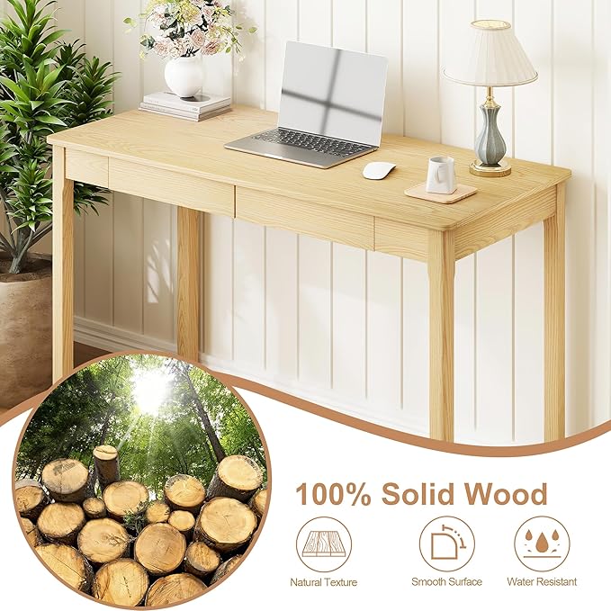Solid Ash Wood Desk - 47.2 Inch Natural Boho Desks 220LBS Capacity Writing Desk with Drawers Simple Study Table Home Office Desks for Bedroom Living Room &amp Office