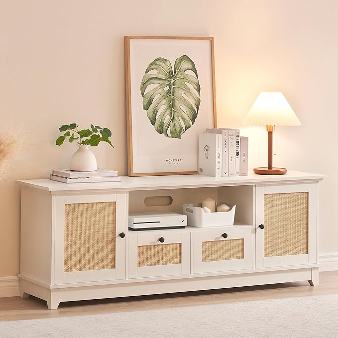 IDEALHOUSE Rattan TV Stand for 65+ Inch TV Boho Entertainment Center with Storage Drawer and Open Shelves TV Console Cabinet with Adjustable Shelf for Living Room Bedroom White