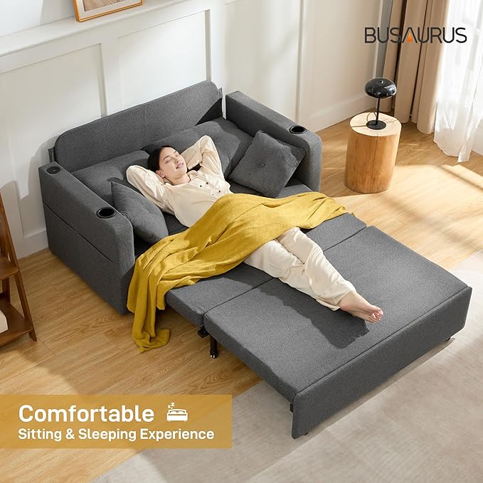 3 in 1 Convertible Sofa Bed 56 Full Size Loveseat Sleeper Sofa Couch Bed Sleeper Sofa Bed with Storage Pocket USB Comfy Pull Out Sofa Bed for Living Room Bedroom Small Space Dark Grey