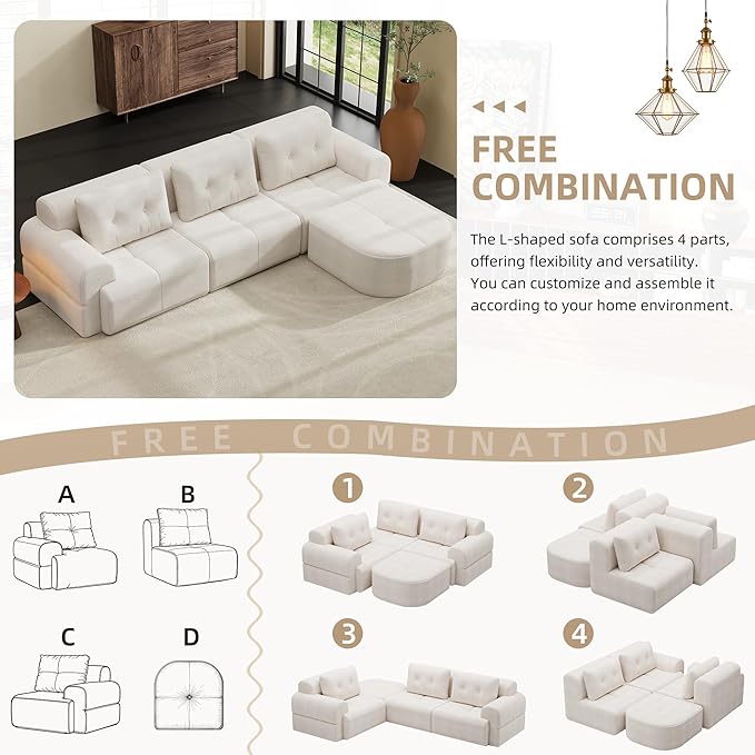 Boneless L-Shaped Modular Couch - 110 Inch Cloud Chenille Compression Sectional SofaNo Assembly Required Ideal for Apartments &amp Living RoomsBeige White