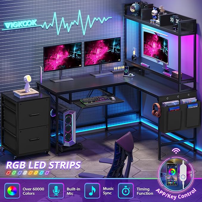 L Shaped Gaming Desk with Shelves 55in Reversible Home Office Desks with Power Outlet RGB Led Strip Movable File Cabinet Keyboard Tray 2 Drawers (Black)
