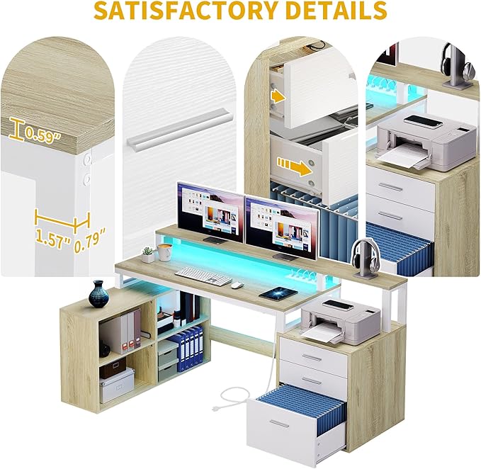 DWVO L Shaped Desk with Drawers 65 Computer Desk with Power Outlets &amp LED Lights Corner Home Office Desk with Storage Shelves &amp Printer Stand White &amp Oak