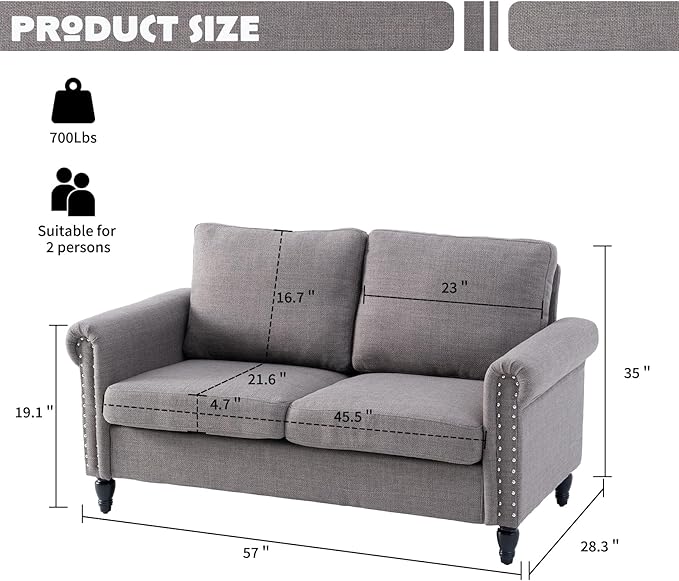 J.C.UP 57'' Loveseat Sofa CouchSmall Couches for Living Room with Linen FabricComfy Upholstered Love Seat Sofa Couches for Bedroom with Solid Wood Legs2 Seater mini Modern Couch for Small Spaces