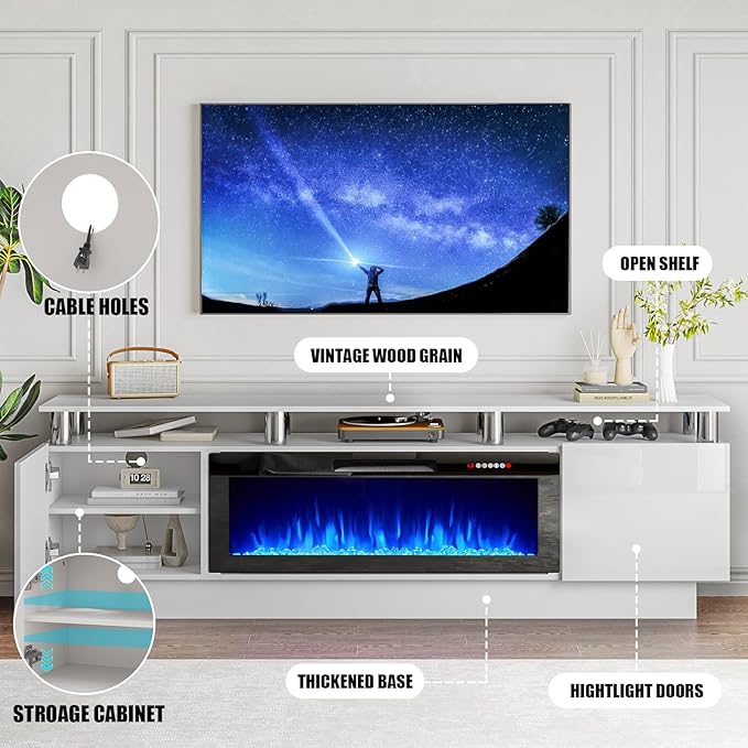 70 Modern Fireplace TV Stand with 36 Electric Fireplace for TVs Up to 80 inch Luxury LED Light Entertainment Center with High Gloss Cabinet TV Consoles for Living Room White