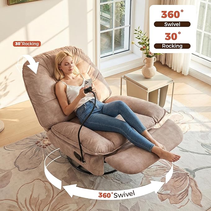 Swivel Rocker Recliner Chair for Adult Glider Nursery Rocking Chair Armless Single Recliner Sofa for Living Room Oversized &amp Overstuffed Phone Holder Included Brown
