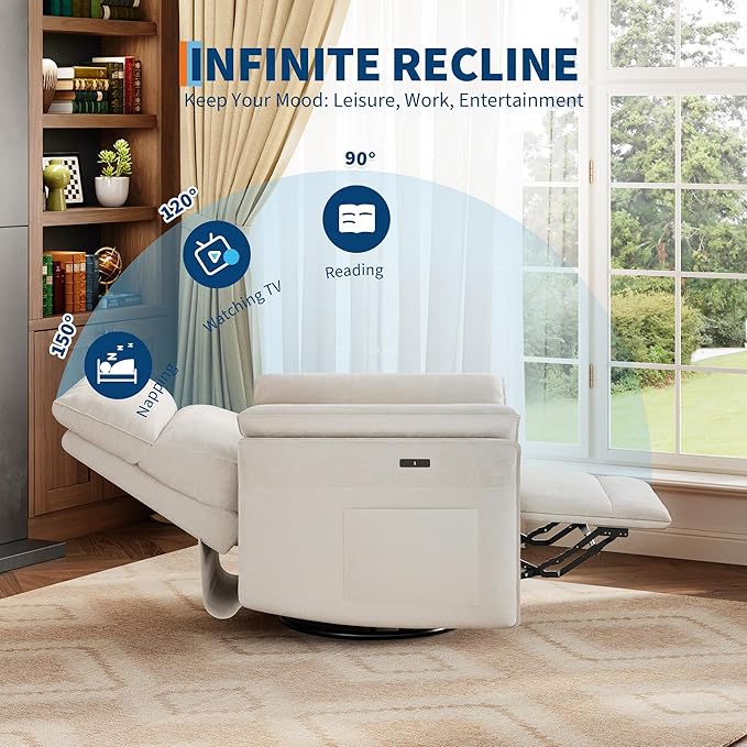 GarveeHome Power Recliner Chair 270 °Swivel Rocking Glider with USB Charging Port Chenille Upholstered Fabric and Double-Layer Armrests Nursery Chair for Living Room Nursery (Off White)