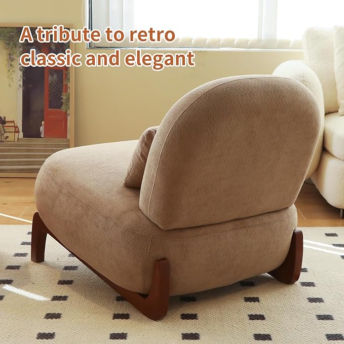 Velvet Accent Chair with Solid Wood Legs Modern Armless Living Room Chair with Soft Cushion Cozy Reading Chair for Bedroom Apartment Balcony &amp Waiting Room (Camel)
