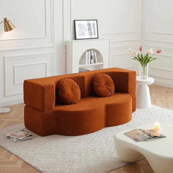 KEIKI 2-in-1 Folding Sofa Bed with Pillow Queen Sleeper Sofa Floor &amp Futon Loveseat Couch Foam Folding Mattress for Living Room Guest Use Office Apartment No Assembly Required Orange