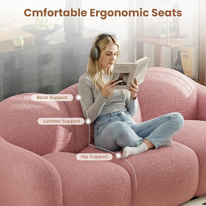 90.55 Inches 3-Seater Sofa Couch Modern Teddy Plush Boneless Sofa in a Box Soft Couches for Living Room Apartment No Assembly for Small Spaces Pink