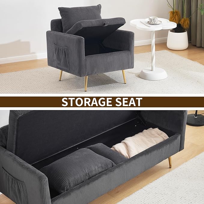 Furnimart 3-Piece Storage Sofa and Couch Set Corduroy Loveseat with 2pc Accent Single Chairs Small Living Room Furniture Set for Apartment Tiny Homes and Lofts 3PC-Gray