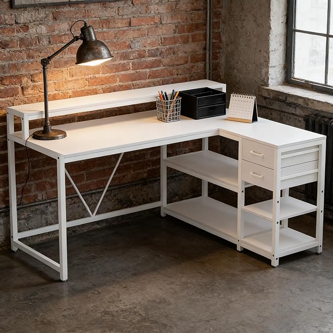 55 L Shaped Office Desk with Drawers &amp Storage Reversible Executive Office Desk with 4 Shelves Large Corner Computer Desk with Elevated Monitor Stand for Home Office Gaming (White)