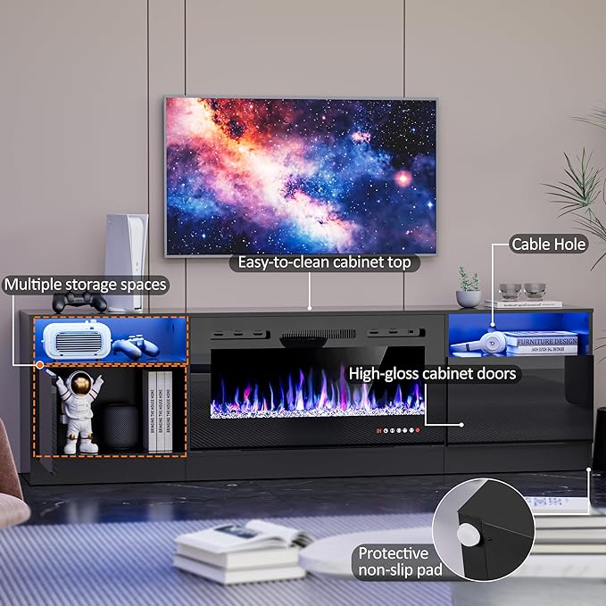 AHB Fireplace TV Stand 80 Inch LED Light Entertainment Center with 36 Electric Fireplace and Storage Cabinet Media Console Table for TVs Up to 90 Inches Ideal for Living Room