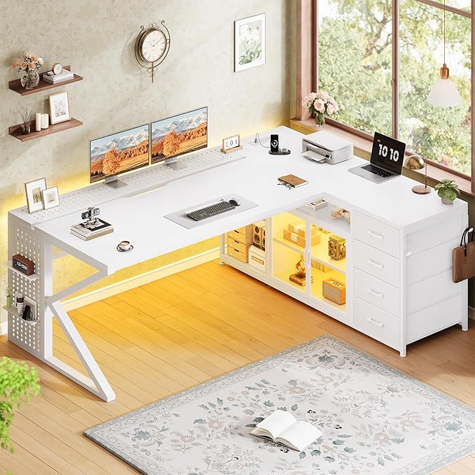 SEDETA L Shaped Gaming Desk 63 Lx27.6 W Computer Desk with 4 Drawers &amp Display Cabinet Executive Office Desk with Storage Shelves &amp LED Light for Home Office White